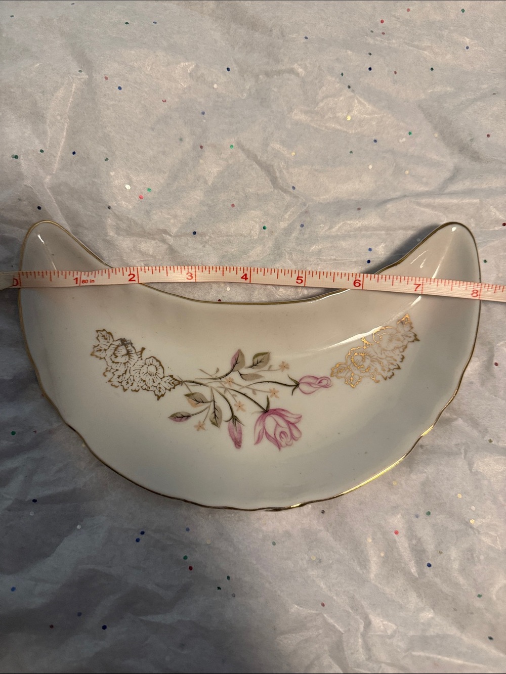 Vintage Pink Floral Crescent Dish with Gold Trim -Bone dish